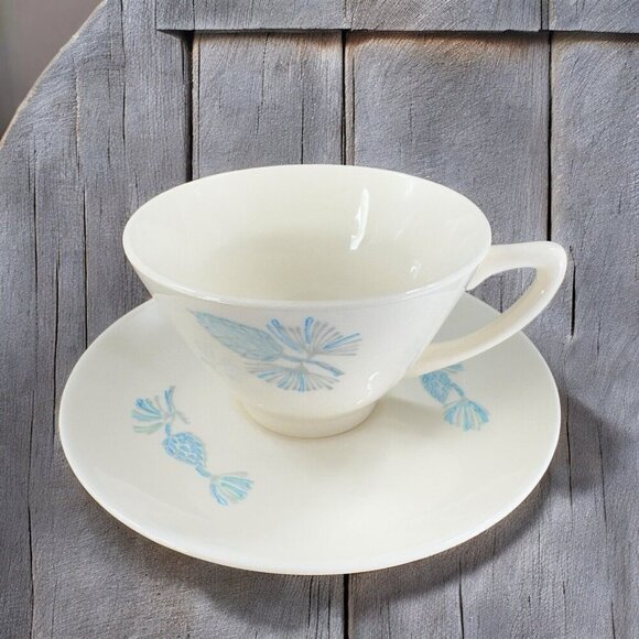 Marcrest Blue Spruce Blue Pinecone Coffee Cup and Saucer Mid Century Porcelain - Picture 1 of 16